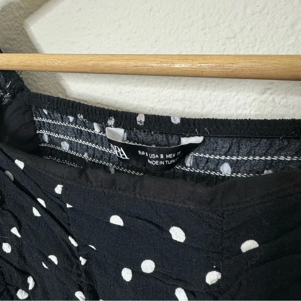 Zara Draped Polka Dot Ruched Puff Balloon Sleeve Square Neck Crop Top | Size S